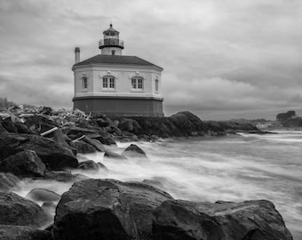 Coquille Lighthouse on Stormy Day Black and White Fine Art Print, Artist Signed | Bandon Oregon Coastline