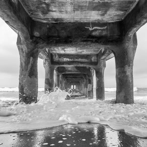 Approaching Wave Rushes Ashore Underneath Manhattan Beach Pier Black and White Photo Fine Art Print, Artist Signed | Coastal Photography