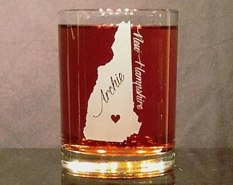 New Hampshire Whiskey Glass with city and name, Personalized Engraved New Hampshire State Glass, Home State Glass, Custom New Hampshire