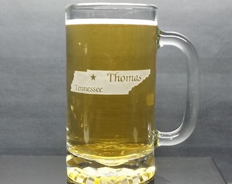 Personalized Tennessee Beer Mug: Engraved State Glass, College Gift