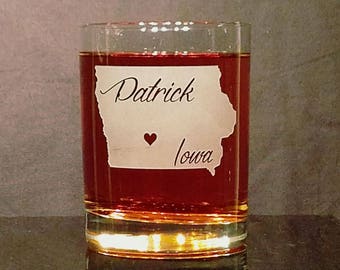 Iowa Whiskey Glass with city and name, Personalized Engraved Iowa State Glass, Home State Glass, Custom Iowa Glass