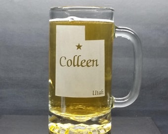 Personalized Utah Beer Mug: Engraved State Home Town Gift