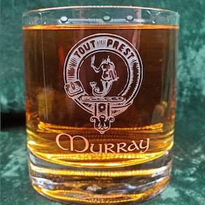 Personalized Murray Scottish Clan Crest Crystal Whiskey Glass, can be personalized, deeply sandblasted, Scottish Gift, handmade in house