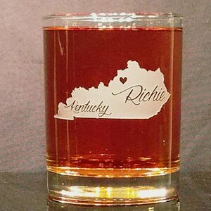 Kentucky Whiskey Glass Personalized with your name choice and a heart over your city, deeply sandblasted, home state gift, handmade