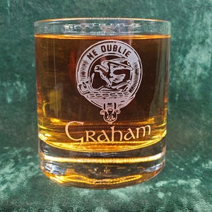 Personalized Graham Scottish Clan Crest Crystal Whiskey Glass, can be personalized, deeply sandblasted, Scottish Gift, handmade in house
