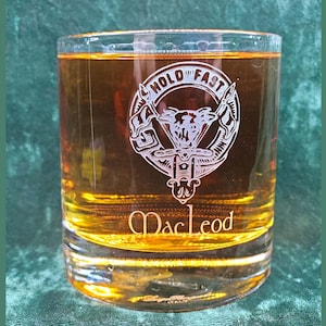 Personalized MacLeod Scottish Clan Crest Crystal Whiskey Glass, can be personalized, deeply sandblasted, Scottish Gift, handmade in house