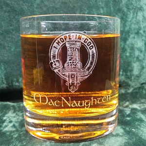 Personalized MacNaughten Scottish Clan Crest Crystal Whiskey Glass, can be personalized, deeply sandblasted, Scottish Gift, handmade