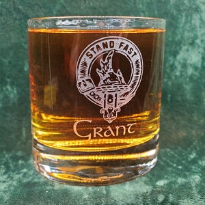 Personalized Grant Scottish Clan Crest Crystal Whiskey Glass, can be personalized, deeply sandblasted, Scottish Gift, handmade in house