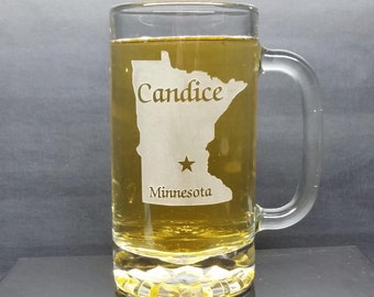 Personalized Minnesota Beer Mug: Engraved Home State Glass