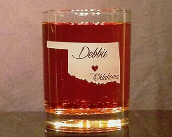 Oklahoma Whiskey Glass with city and name, Personalized Engraved Oklahoma State Glass, Home State Glass, Custom Oklahoma Glass