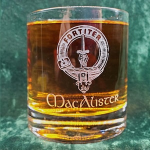 Personalized MacAlister Scottish Clan Crest Crystal Whiskey Glass, can be personalized, deeply sandblasted, Scottish Gift, handmade