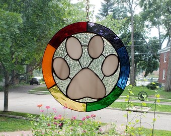 Rainbow Stained Glass Paw Print, circle layout with white paw print,  gift for dog or cat lovers, memorial paw print, custom stained glass