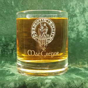 Personalized MacGregor Scottish Clan Crest Crystal Whiskey Glass, can be personalized, deeply sandblasted, Scottish Gift, handmade in house