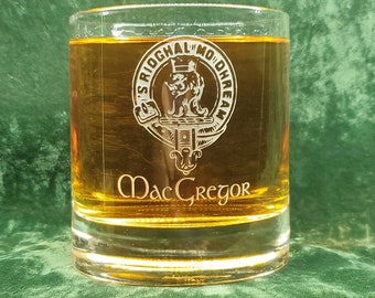 Personalized MacGregor Clan Crest Whiskey Glass - Sandblasted Scottish Gift