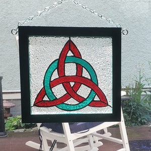 Stained Glass Celtic Knot in red and green in green wood frame, REAL stained glass, Handmade,  Celtic Trinity Knot, Celtic triquetra