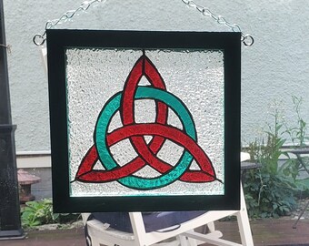 Stained Glass Celtic Knot in red and green in green wood frame, REAL stained glass, Handmade,  Celtic Trinity Knot, Celtic triquetra