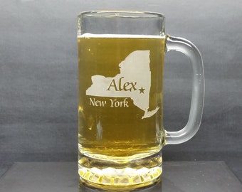 Personalized New York State Beer Mug: Engraved Home State Gift