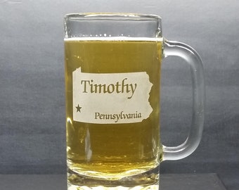Personalized Pennsylvania Beer Mug: Engraved State Glass, College Gift