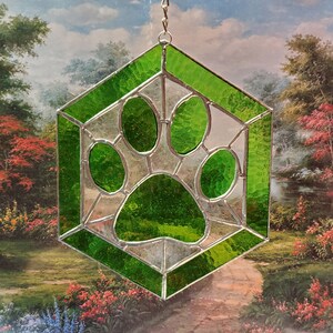 Green Stained Glass Paw Print, can be personalized, great gift for dog lovers or cat lovers, or memorial paw print, handmade