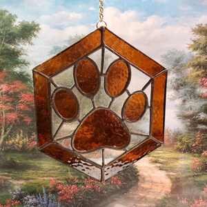 Brown Stained Glass Paw Print, can be personalized, great gift for dog lovers or cat lovers, or memorial paw print, handmade