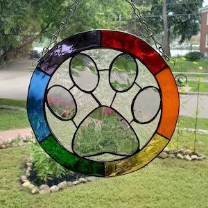 Rainbow Stained Glass Paw Print, gift for dog or cat lovers or memorial paw print, can be personalized, REAL Stained Glass