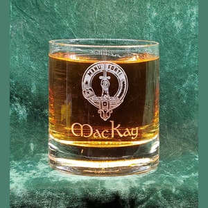 Personalized MacKay Scottish Clan Crest Crystal Whiskey Glass, can be personalized, deeply sandblasted, Scottish Gift, handmade in house
