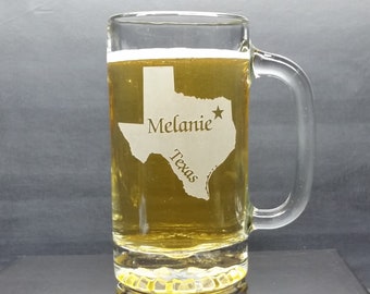 Engraved Texas Beer Mug: Personalized Home State Gift