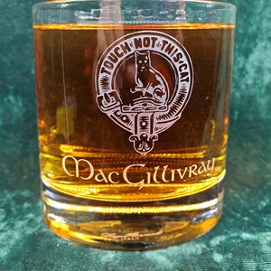 Personalized MacGillivray Scottish Clan Crest Crystal Whiskey Glass, can be personalized, deeply sandblasted, Scottish Gift