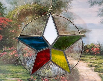 Stained Glass Pentacle in Black Outline, REAL stained glass