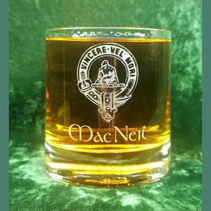 Personalized MacNeil Scottish Clan Crest Crystal Whiskey Glass, can be personalized, deeply sandblasted, Scottish Gift, handmade in house