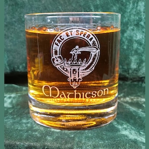 Personalized Mathieson Scottish Clan Crest Crystal Whiskey Glass, can be personalized, deeply sandblasted, Scottish Gift, handmade in house