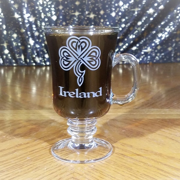 Irish Coffee Mug with shamrock design and Ireland, Custom Glass Coffee Mug, Personalized Irish Gift Mug