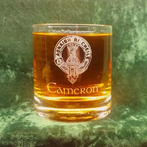 Personalized Cameron Scottish Clan Crest Crystal Whiskey Glass, can be personalized, deeply sandblasted, Scottish Gift, handmade in house