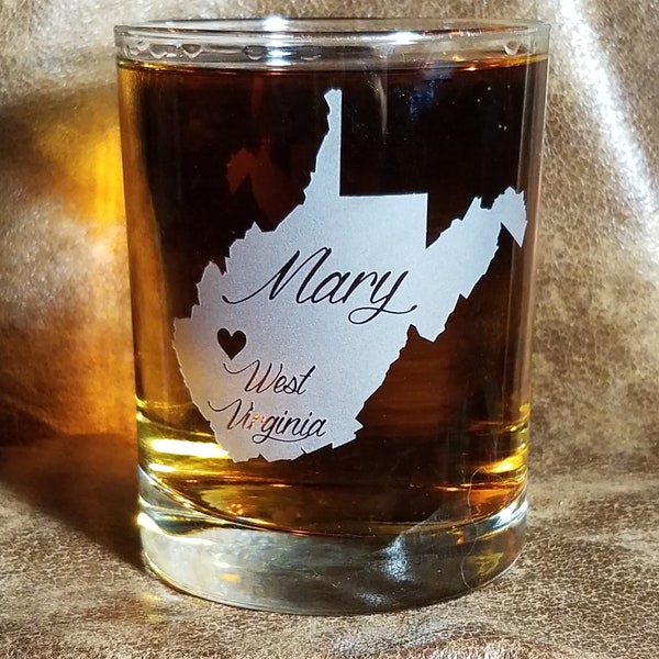 West Virginia Whiskey Glass with city and name, Personalized Engraved West Virginia State Glass, Home State Glass, Custom West Virginia