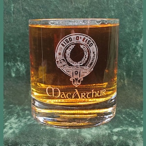 Personalized MacArthur Scottish Clan Crest Crystal Whiskey Glass, can be personalized, deeply sandblasted, Scottish Gift, handmade in house