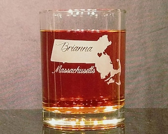 Personalized Massachusetts Whiskey Glass: Sandblasted Home State Gift