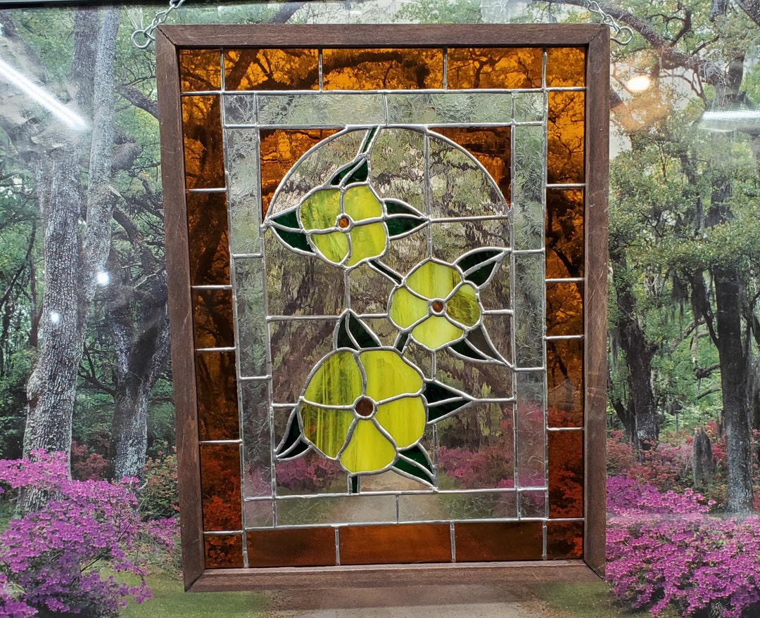 Yellow Flower Stained Glass Panel for a Window or Wall With Green