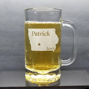 Iowa Beer Mug with city and name, Personalized Engraved Iowa State Mug, Home State Glass, Iowa Gift, College Student Gift