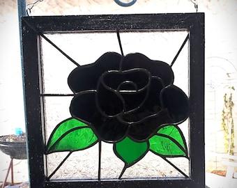 Black Rose Stained Glass Panel in custom frame, REAL stained glass, rose in black stained glass, leaves of green stained glass, handmade