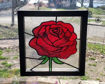 Stained Glass Rose Panel in black wood frame, rose in red stained glass, leaves of green stained glass, frame and glass handmade, real