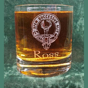 Personalized Ross Scottish Clan Crest Crystal Whiskey Glass, can be personalized, deeply sandblasted, Scottish Gift, handmade in house