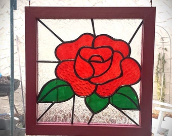 Rose Stained Glass Panel in custom red frame, REAL stained glass, rose in red stained glass, leaves of green stained glass, handmade