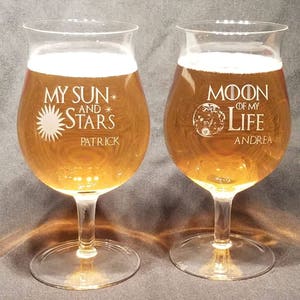 Crystal Belgian Beer Goblets, Set of 2, My Sun and Stars, Moon of My Life, Personalized Engraved Beer Goblet, Custom Belgian Beer,