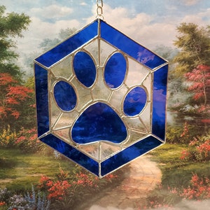 Blue Stained Glass Paw Print, can be personalized, great gift for dog lovers or cat lovers, or memorial paw print, handmade