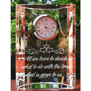 Crystal Desk Clock, Engraved Clock, Half Moon Clock, Personalized Engraved Crystal Clock, Personalized Crystal Desk Clock