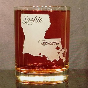 Louisiana Whiskey Glass Personalized with your name choice and a heart over your city, deeply sandblasted, home state gift, handmade