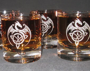 Engraved Crystal Whiskey Glass Set: Celtic Dragon Design