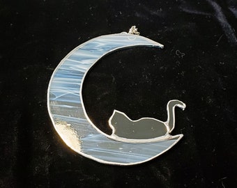 Crescent Moon with lying down Cat in streaky white & black stained glass, relaxing cat, can get other colors, great gift for cat lovers