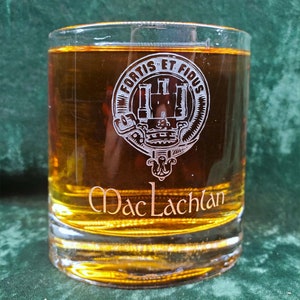 Personalized MacLachlan Scottish Clan Crest Crystal Whiskey Glass, can be personalized, deeply sandblasted, Scottish Gift, handmade
