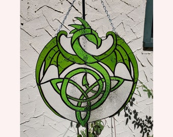 Dragon in Green Stained Glass in a Celtic Style, Large Suncatcher, Wall Art, Dragon Art, Glass Art, REAL stained glass